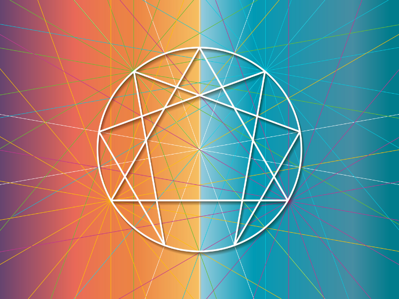 Enneagram – geometryczny symbol osobowości z dziewięcioma punktami, przedstawiony na tle gradientu w ciepłych i zimnych barwach, symbolizującego harmonię i równowagę duchową. Obrazek z książki autorstwa Beatrice Chestnut i Uranio Paes „Współczesny enneagram w praktyce Poznaj typ swojej osobowości, aby odblokować swój potencjał i skuteczniej realizować cele osobiste. Współczesna interpretacja"