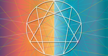 Enneagram – geometryczny symbol osobowości z dziewięcioma punktami, przedstawiony na tle gradientu w ciepłych i zimnych barwach, symbolizującego harmonię i równowagę duchową. Obrazek z książki autorstwa Beatrice Chestnut i Uranio Paes „Współczesny enneagram w praktyce Poznaj typ swojej osobowości, aby odblokować swój potencjał i skuteczniej realizować cele osobiste. Współczesna interpretacja"