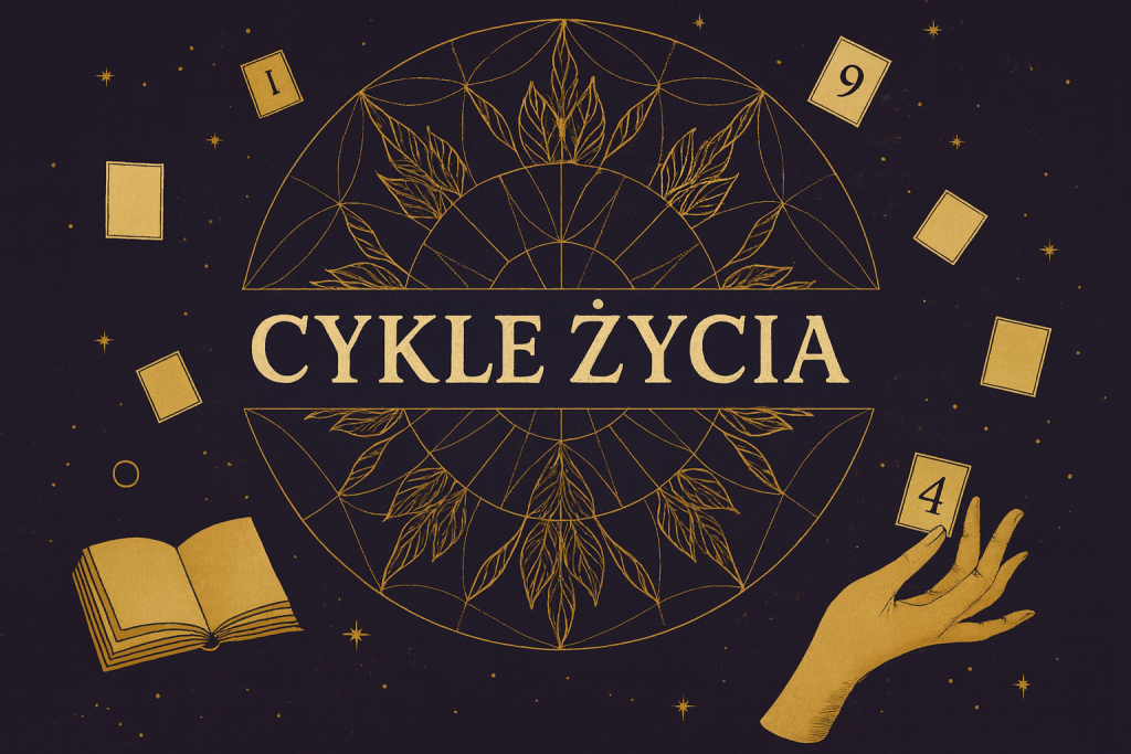 Na obrazie przedstawiono ezoteryczną ilustrację w stylu vintage z centralnym napisem „CYKLE ŻYCIA” w złotym kolorze. W tle widnieje skomplikowana mandala z liśćmi i geometrycznymi wzorami, a wokół niej rozmieszczono liczne prostokąty z cyframi od 1 do 9. Całość utrzymana jest w ciemnoniebieskiej i złotej kolorystyce, tworząc atmosferę tajemniczości. Obraz symbolizuje numerologię i cykliczność życia.