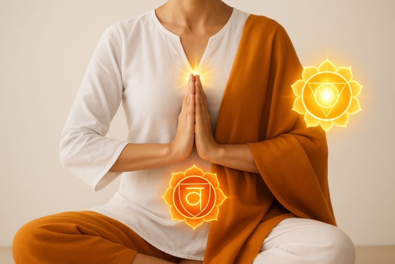 Osoba siedzi w pozycji medytacyjnej z dłońmi złożonymi w mudrze modlitewnej, ubrana w biały strój i pomarańczową szatę. Po obu stronach sylwetki unoszą się świetliste symbole dwóch czakr. Całość emanuje spokojem, światłem i duchową energią kundalini.
