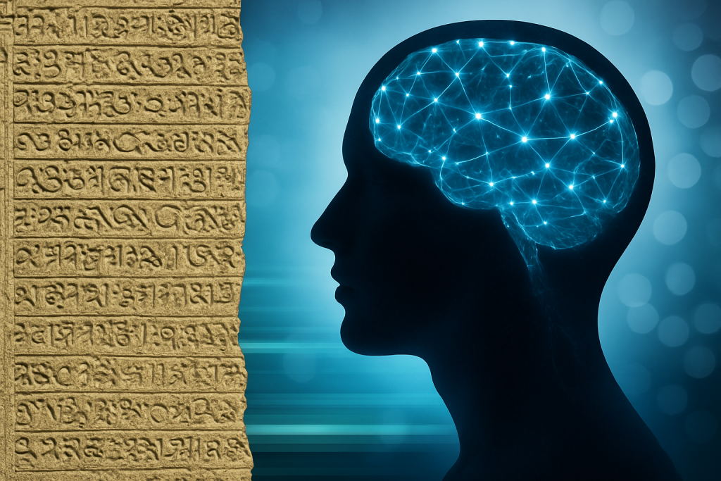 Kamienna tablica z rytami starożytnych symboli oraz profil ludzkiej głowy na tle niebieskiego, świetlistego tła. Wewnątrz głowy widoczna jest sieć połączeń przypominająca aktywną mapę neuronalną. Kompozycja symbolicznie łączy kody mądrości dawnych cywilizacji z nowoczesnymi odkryciami neuronauki, kwantowości i rosnącą świadomością człowieka, wskazując na duchowy wymiar wiedzy i moc programowania podświadomości w procesie rozwoju osobistego.