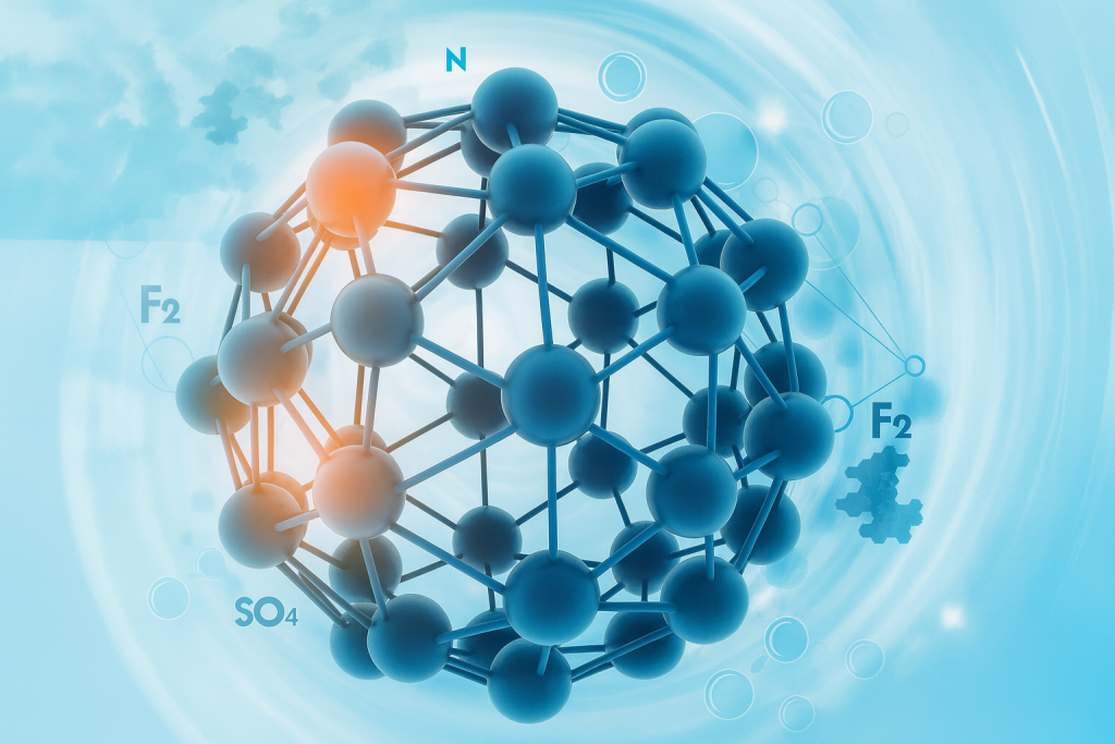 Model molekularny pokazujący czym jest energia kwantowa człowieka w ujęciu naukowym i duchowym. Geometryczna struktura na tle błękitnych fal świetlnych nawiązuje do neuronauki, funkcjonowania umysłu oraz przepływu informacji energetycznej, podkreślając związek między nauką a praktykami duchowymi.