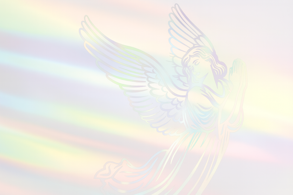 Pastelowe tło w odcieniach różu, fioletu i błękitu z wyraźnie zarysowaną postacią anioła o delikatnych rysach twarzy, rozłożystych skrzydłach i spokojnym wyrazie. Anioł emanuje łagodnym światłem i spokojem, tworząc atmosferę ciszy i skupienia. Kompozycja nawiązuje do rozmawiania z aniołami i praktyk duchowych.