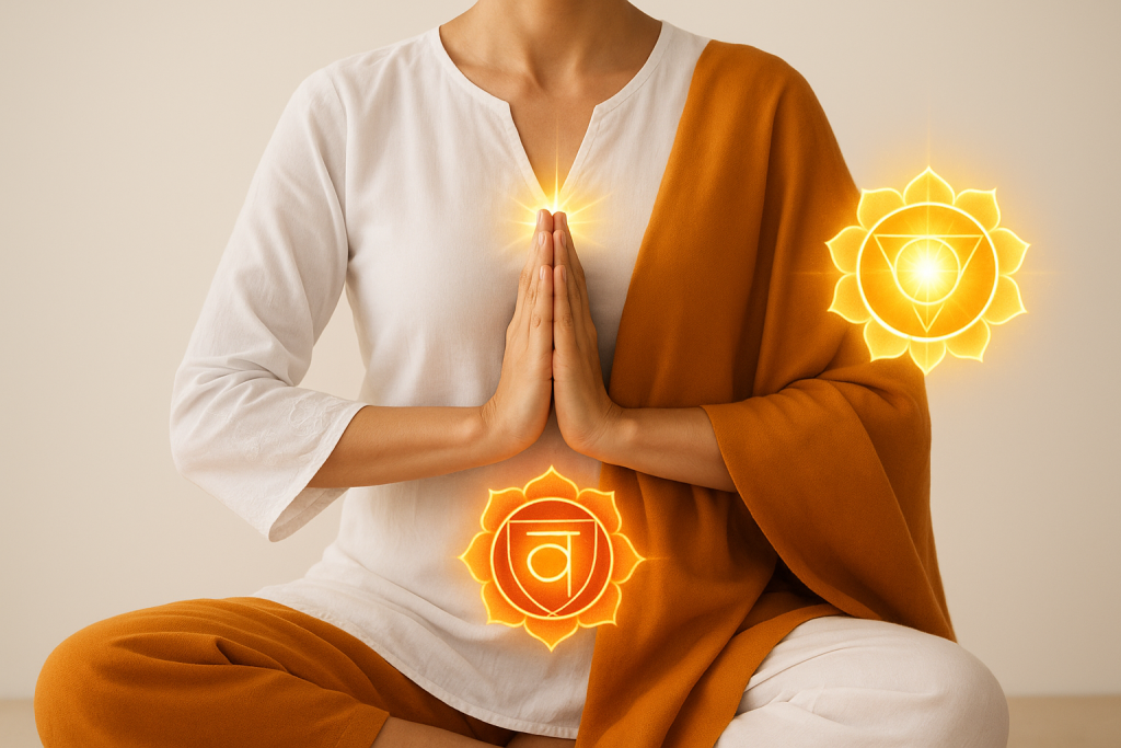 Osoba siedzi w pozycji medytacyjnej z dłońmi złożonymi w mudrze modlitewnej, ubrana w biały strój i pomarańczową szatę. Po obu stronach sylwetki unoszą się świetliste symbole dwóch czakr. Całość emanuje spokojem, światłem i duchową energią kundalini.