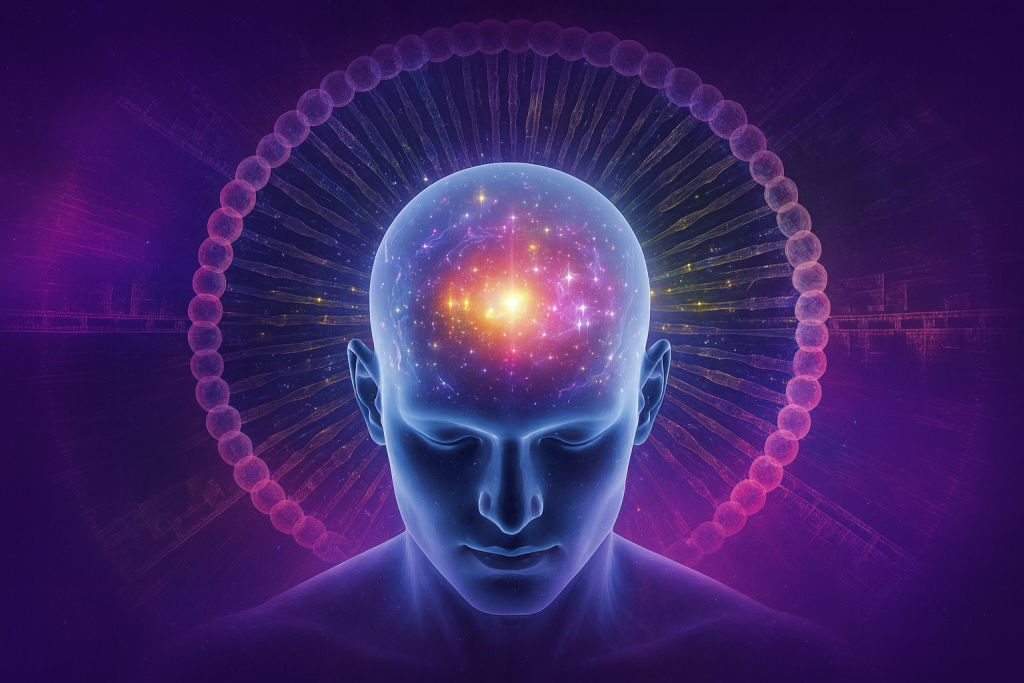 Granatowa głowa człowieka na fioletowym tle, z rozświetlonym wnętrzem czaszki przypominającym galaktykę, otoczona pierścieniem- jak bioenergoterapia, kwantowość umysłu i połączenie świadomości z energią ciała uruchomia procesy samouzdrawiania.