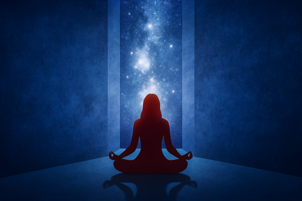 Postać medytująca w pozycji lotosu przed kosmicznym portalem pełnym gwiazd, symbolizująca kwantową inteligencję, intuicję i połączenie z energią wszechświata.