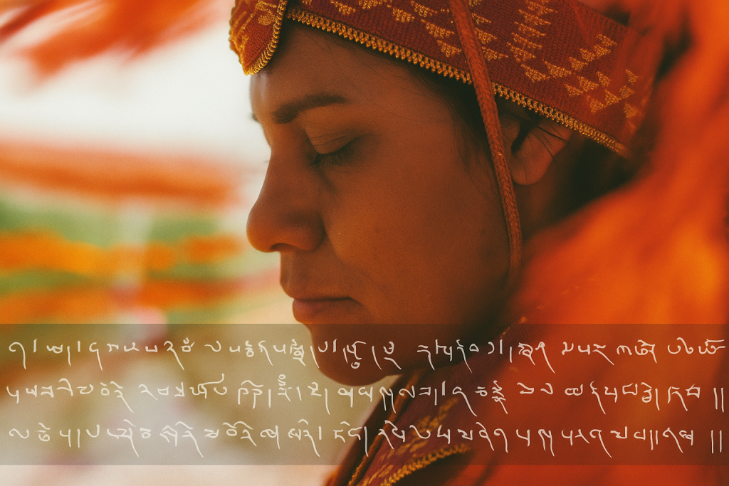 Zbliżenie twarzy Indianina w tradycyjnym czerwono-złotym stroju i ozdobnym nakryciu głowy. Postać ma spokojny, zamyślony wyraz twarzy, a w tle widoczne są ciepłe odcienie pomarańczu, czerwieni i złota. Dolną część obrazu pokrywa półprzezroczysty pas z delikatnymi znakami w nieznanym indiańskim alfabecie.