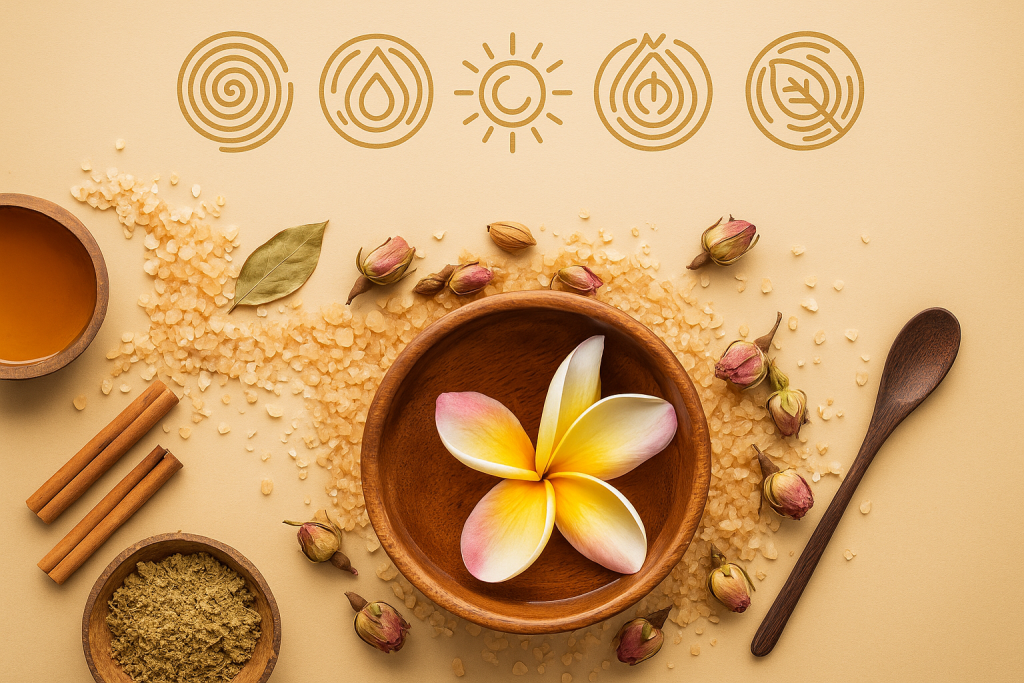 Drewniana miska z kwiatem plumerii, otoczona solą, ziołami i różanymi pąkami, ułożonymi na beżowym tle. W górnej części znajdują się minimalistyczne symbole żywiołów, nawiązujące do ajurwedy i naturalnego rytmu okołodobowego.