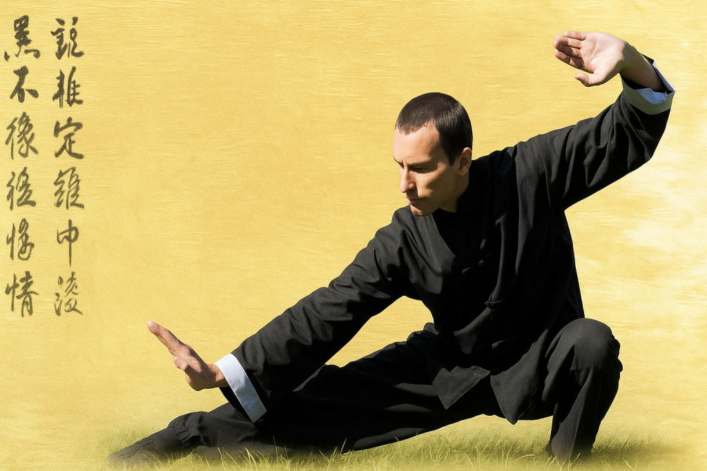 Mężczyzna w czarnym stroju do tai chi wykonuje dynamiczną pozycję w przyklęku na trawie, z jedną ręką wyciągniętą w przód, a drugą uniesioną nad głową, co pozwala mu osiągnąć spokój umysłu. W tle złote tło z chińską kaligrafią.