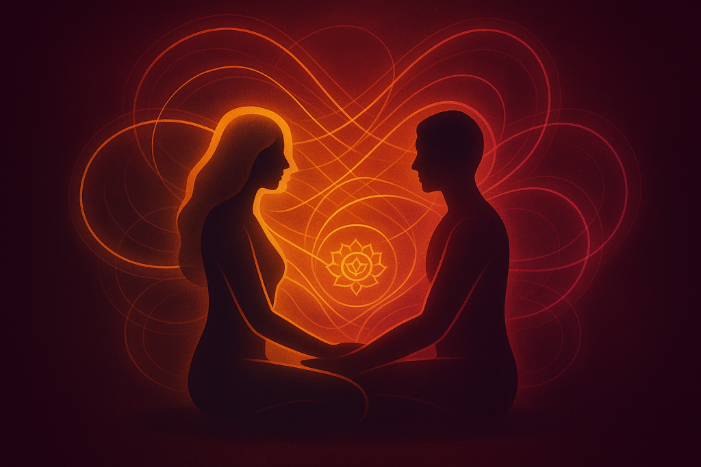 Dwie medytujące sylwetki siedzące naprzeciw siebie, połączone świetlistymi liniami symbolizującymi przepływ energii chi, ukazujące harmonię i intymność w związku.