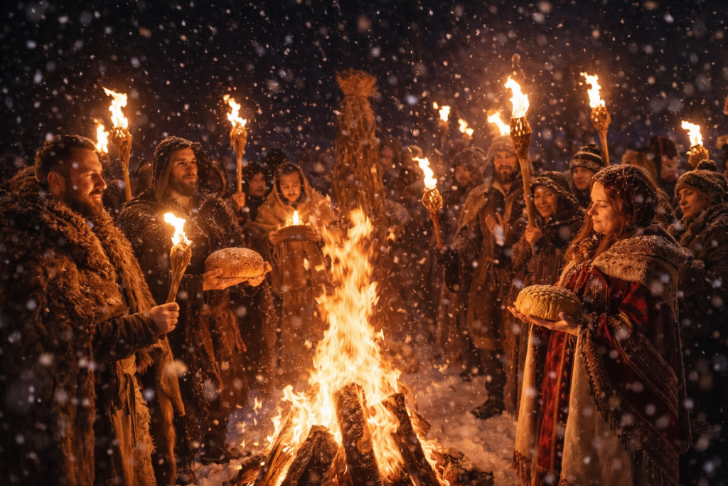 Ludzie w ciepłych, ludowych strojach zgromadzeni nocą wokół ogniska obchodzą Szczodre Gody, trzymający zapalone pochodnie i chleb w darach, wśród padającego śniegu.