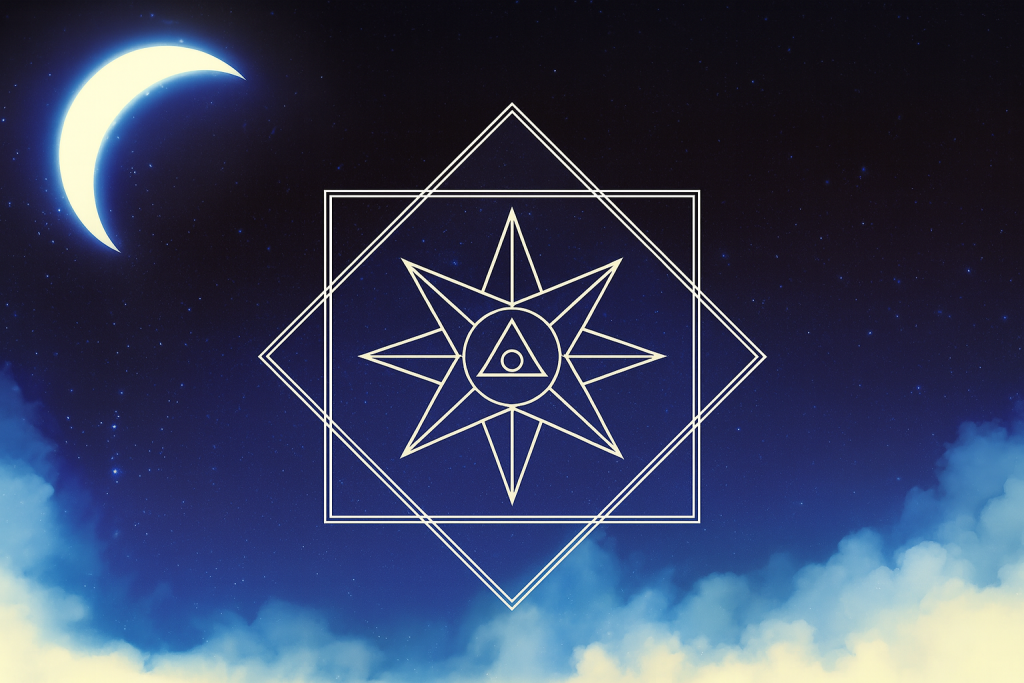 Nocne, gwiaździste niebo z jasnym księżycem po lewej stronie oraz ezoterycznym geometrycznym wzorem (wzmacniającym ćwiczenia przed snem), umieszczonym centralnie nad miękkimi, niebieskimi chmurami.