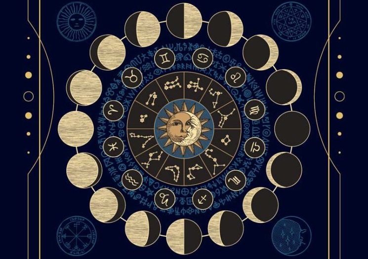 Słońce i Księżyc otoczone symbolami znaków Zodiaku, konstelacjami oraz fazami Księżyca.