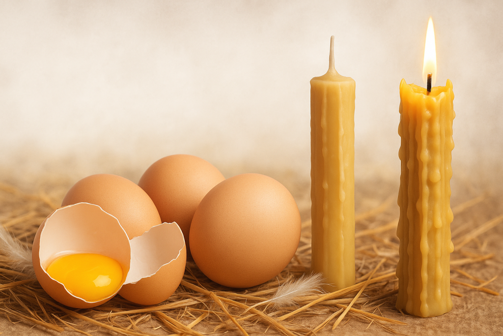 Cztery jajka, w tym jedno rozbite z widocznym żółtkiem, ułożone na słomie obok dwóch woskowych świec- jednej zapalonej, a drugiej zgaszonej.