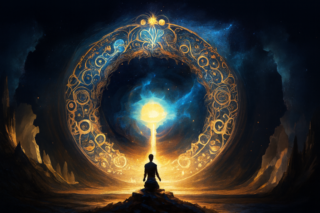 Postać w medytacji, robiąca odczyt z Kronik Akaszy, siedząca na skalistym brzegu, naprzeciw ogromnego, złocistego, ażurowego kręgu pełnego symboli i ornamentów. Z centrum kręgu wypływa strumień świetlistej energii łączący jasne słońce z medytującym, na tle nocnego, gwiezdnego nieba i ciemnych gór rozświetlonych złotym blaskiem.