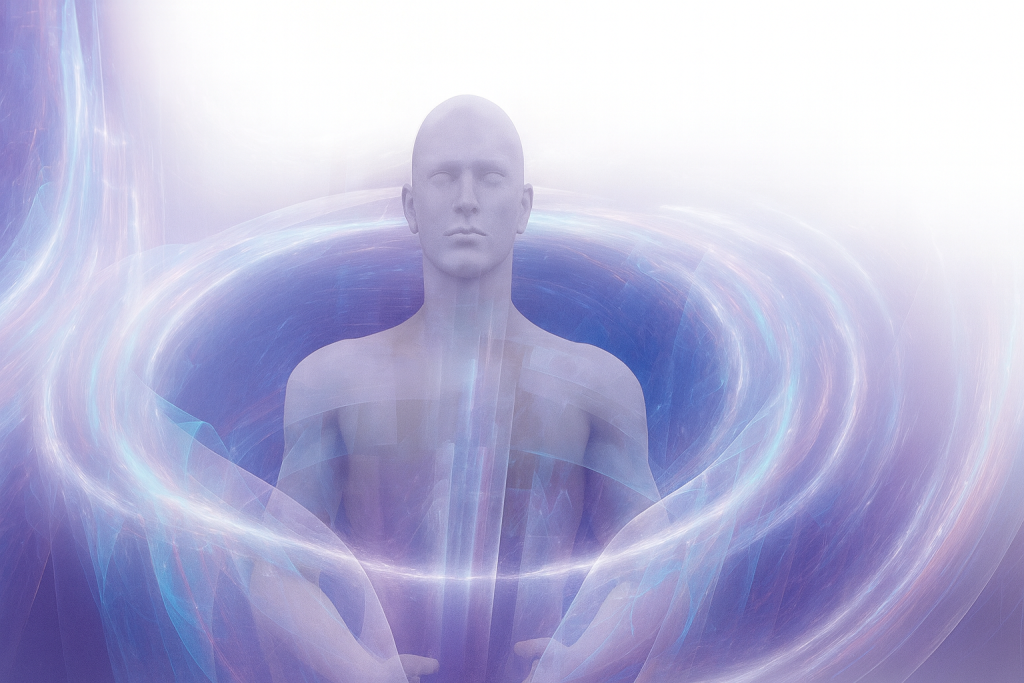 Półprzezroczysta ludzka sylwetka zanurzona w fioletowo-błękitnym świetle, otoczona wirującymi pierścieniami energii, które symbolizują aurę i kwantowe uzdrawianie.