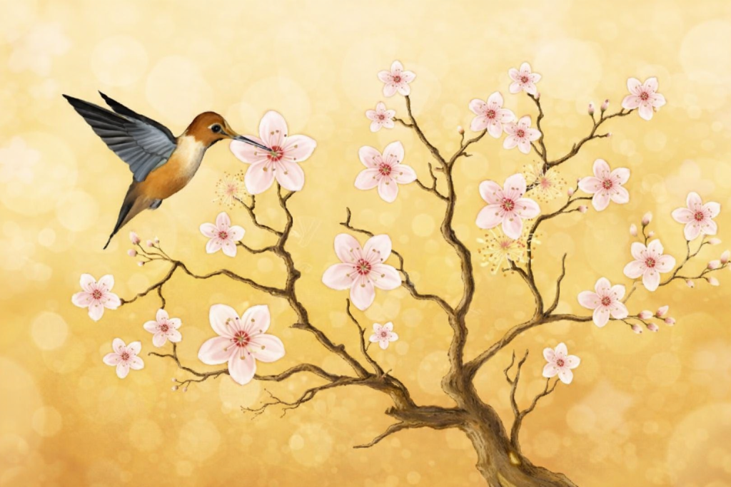 Koliber zawisa przy gałęziach kwitnącej wiśni, dotyka dziobem jasnoróżowego kwiatu; na złotym, miękko rozświetlonym tle widać skręcony pień i liczne kwiaty oraz pąki.