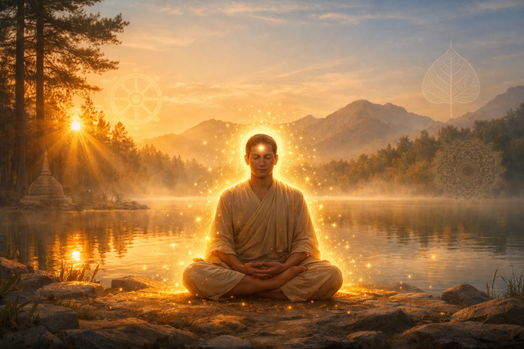 Osoba siedzi w pozycji lotosu nad spokojnym jeziorem o wschodzie słońca, z zamkniętymi oczami. Wokół ciała i głowy unosi się złota poświata oraz drobne świetliste cząsteczki. W tle widać zamglone góry, drzewa i promienie słońca, a także delikatne symbole buddyzmu: koło dharmy, liść Bodhi, mandalę i zarys stupy.