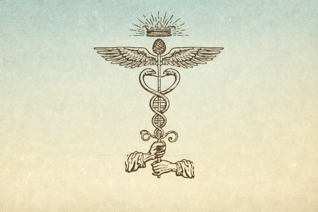 Skrzydlaty kaduceusz w stylu vintage: laska opleciona dwiema wężami, zwieńczona koroną z promieniami, trzymana przez dłonie na tle delikatnego gradientu błękitu i beżu.