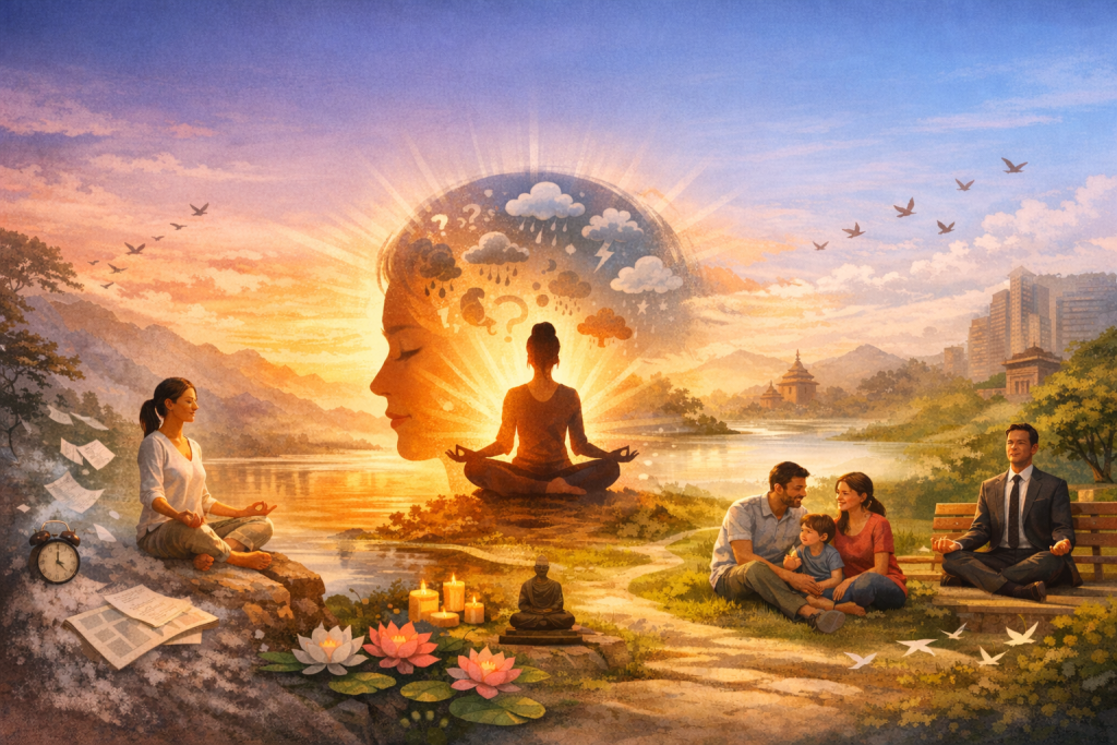 Osoba medytuje nad jeziorem o zachodzie słońca. W centrum widać sylwetkę w pozycji lotosu w świetlistej aureoli, a obok rodzinę i mężczyznę w garniturze odpoczywających w parku, co pokazuje, że techniki medytacji pomagają wyciszyć umysł w codziennym życiu.
