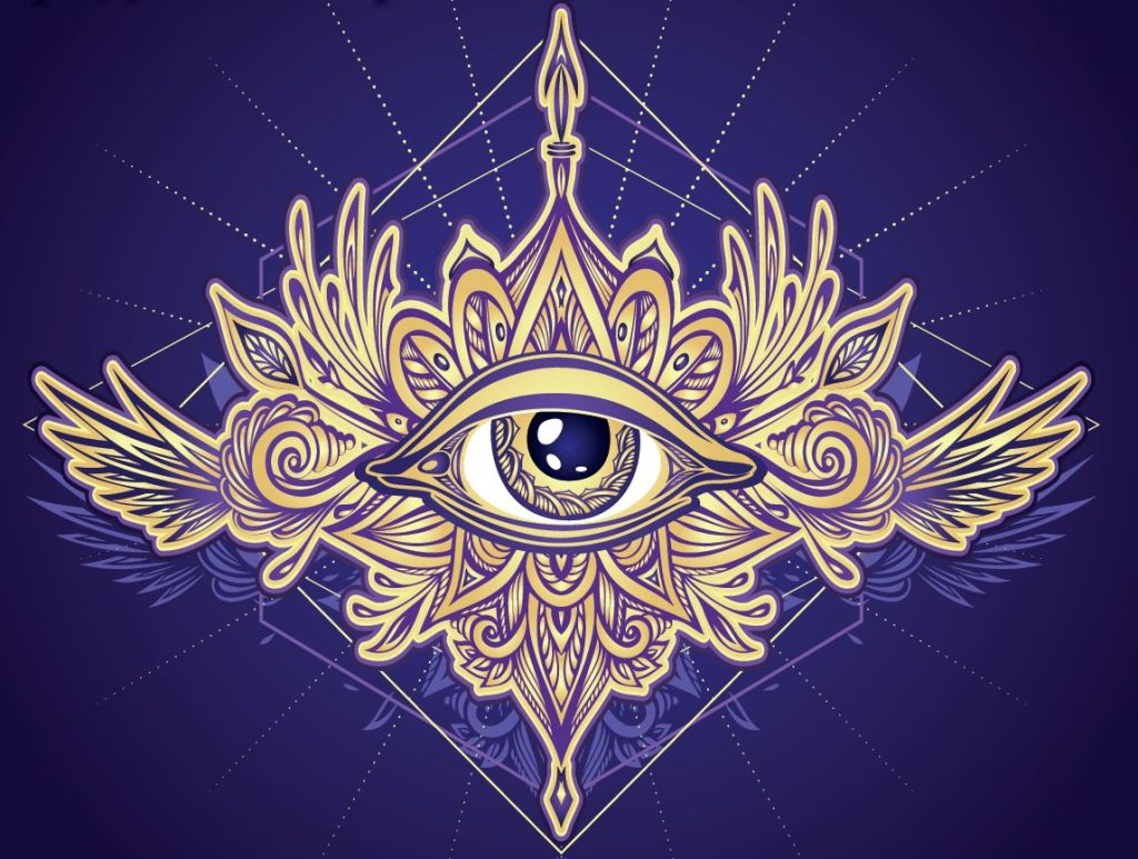 Symetryczny mistyczny symbol z centralnie umieszczonym okiem, otoczonym ornamentami przypominającymi skrzydła, liście i geometryczne kształty, nawiązujący do Kronik Akaszy duchowości, intuicji i ezoteryki.