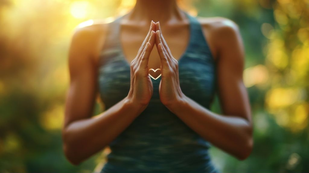 Złożone dłonie w geście afirmacji na wysokości serca, delikatny symbol serca między nimi, ciepłe światło słońca i zielone, naturalne tło sprzyjające medytacji, uważności i wewnętrznemu spokojowi.