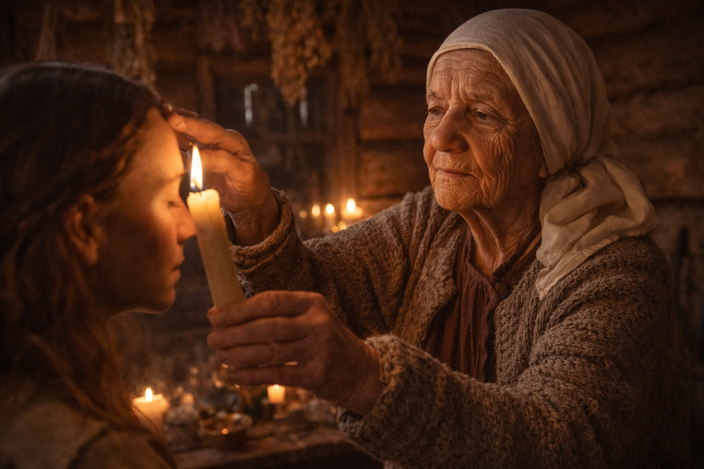 Szeptucha w białej chuście i starej sukni, w drewnianej chacie, uzdrawiająca chorego przy pomocy zapalonej świecy.