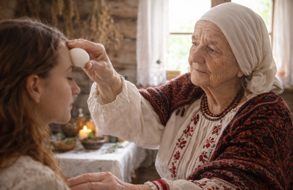 Szeptucha w jasnej, ludowej sukni, w drewnianej chacie, wykonująca rytuał uzdrawiania poprzez przykładanie jajka do czoła młodej kobiety - ochrona przed negatywną energią.