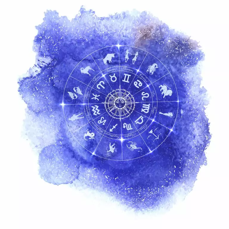 Znaki Zodiaku na astrologicznym okręgu na fioletowym tle.
