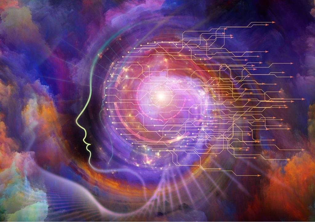 Uzdrawianie kosmiczną energią. Kontur twarzy rozpływający się na tle kolorowego kosmosu. Z głowy wychodzą strzałki.